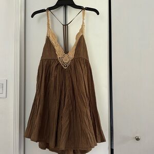 Brown free people trapeze dress with crochet details
